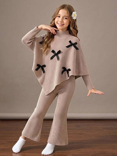 Elladie kids Tween Girls Spring/Autumn/Winter Casual T-Shirt Set, Design-Driven Asymmetrical Pullover High Neck Knit Ribbed Brushed Fabric Khaki Solid Color Long Sleeve T-Shirt Top Paired With Khaki Casual Flared Pants, 2-Piece Set Suitable For Spring/Autumn/Winter Back To School Season, Elegant Lady Minimalist Commute High-End Outfit For Daily School, Outings, Vacations, And Parties