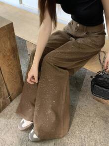 DAZY Rhinestone Embellished Loose Fit Casual Vacation Streetwear Spring Autumn Long Pants Women's Jeans - Khaki - View 7