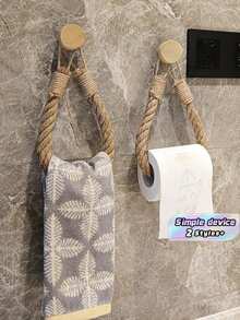 2pcs Handmade Jute Rope Toilet Paper Holder, Vintage Style Hook, Wall-Mounted Towel Ring, Toilet Paper Holder With Hook, Towel Rack, Natural Jute Rope, Bathroom Accessories - khaki - View 1