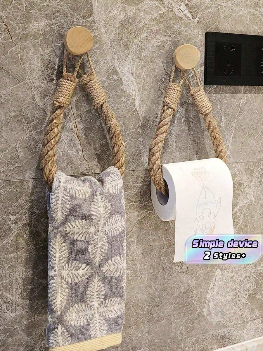 2pcs Handmade Jute Rope Toilet Paper Holder, Vintage Style Hook, Wall-Mounted Towel Ring, Toilet Paper Holder With Hook, Towel Rack, Natural Jute Rope, Bathroom Accessories - khaki - View 1