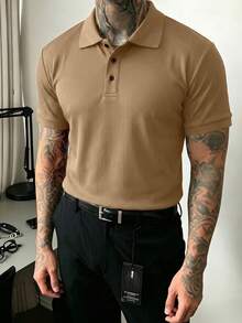 JOLTRO 男士素色短袖休閒通勤 Polo 衫 - 卡其色 - 查看 1