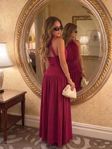 Sunnyshic Women's Summer Burgundy Knitted High Elastic Dress Mid-Neck Halter Tie Back Open Back Cinched Waist A-Line Elegant Tea Party Dinner Date Wedding - Burgundy - View 4