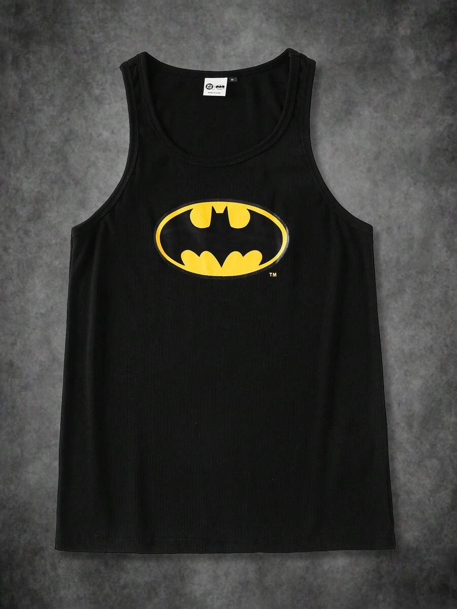 BATMAN X SHEIN 男士圆领休闲百搭印花背心 - 黑色 - 查看 1