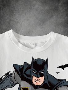 BATMAN X SHEIN 男童休闲图案圆领短袖T恤，夏季 - 白色 - 查看 4