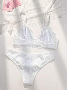 PetitDoll Women's 2pcs Wireless Thin Bottom Lace Trim Comfortable Triangle Cup Bra Set - White - View 2