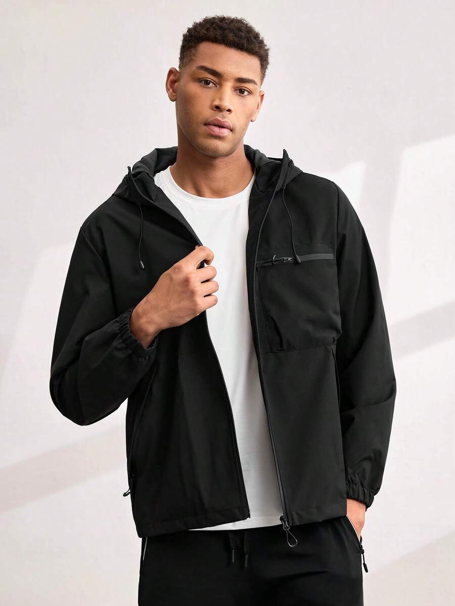 Driftmere Men's Hooded Drawstring Soft Shell Windbreaker Jacket, Sports & Casual, Front Large Pocket, Zipper Side Pockets, Suitable For Daily Wear, Versatile & Popular Jacket