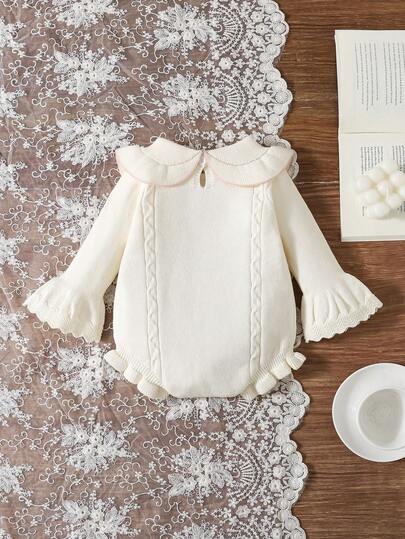SHEIN Baby Girls Pullover Knit Romper, Long Sleeve Sweater Jumpsuit, Soft Fall Winter Christmas Halloween Daily Wear, Cute Toddler Clothes Jumpsuit Outfit