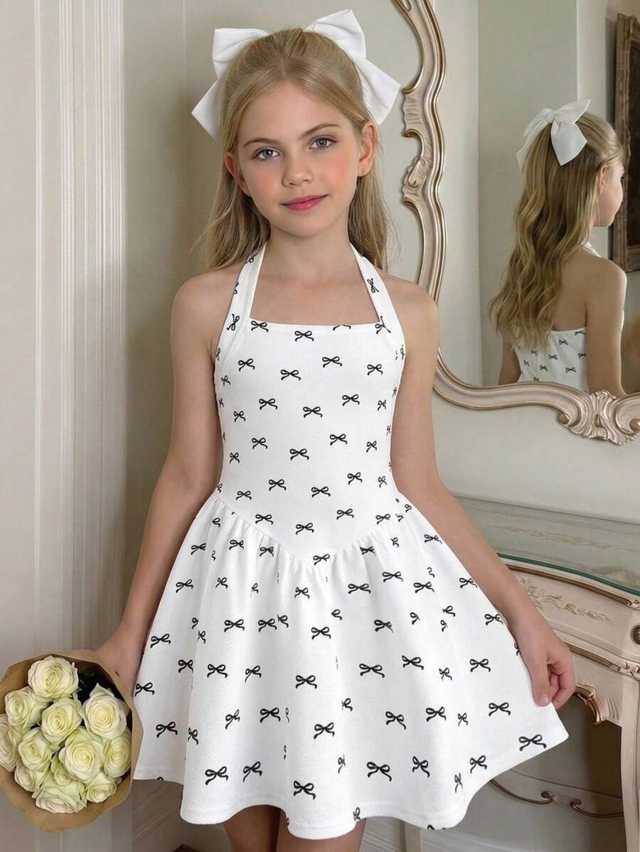 SHEIN Girlism 少女夏季休闲度假黑白蝴蝶结印花露背A字连衣裙,可爱百搭,适合日常通勤、优雅场合、派对、约会、家庭聚会、毕业典礼、度假等。 - 黑與白 - 查看 1