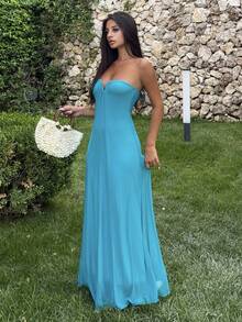 Ronhire Vestido Longo Fluido com Decote em V, Sem Alças e Decote Profundo para Mulheres, Azul Petróleo, Casual de Verão, Férias e Férias, Vestido de Praia Boêmio Elegante em Linha A para Festa e Balada - Azul menta - Visão 7
