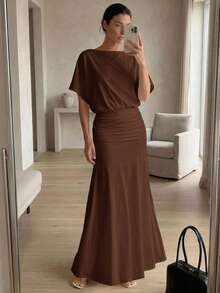 COSMINA Women's Vintage Solid Color Pleated Elegant Mermaid Hem Dress - Brown - View 1