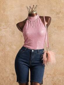 SHEIN Women's Sequin Patchwork Solid Color Elegant Fashion Sleeveless Blouse Party Night Club Light Pink Summer - Pink - View 2