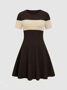 Elenzga Women's Round Neck Colorblock Casual Daily Short Dress - Brown - View 4