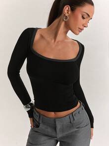 SHEIN BAE 女款方領長袖修身休閒T恤 - 黑色 - 查看 4