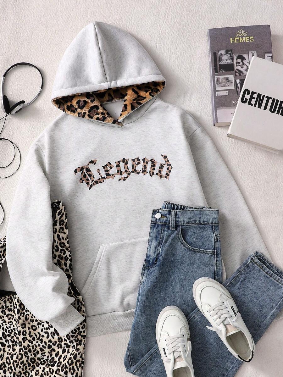 Sweatshirt Abu-abu Motif Leopard untuk Remaja Perempuan dengan Kantong Kanguru Bermotif Huruf, Potongan Longgar Gaya Streetwear, Lapisan Motif Leopard, Bahu Jatuh / Ukuran Besar, Untuk Sekolah, Kembali ke Sekolah, Musim Gugur, Olahraga/Gym - Grey - View 1