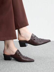 CUCCOO BIZCHIC Pointed Embossed Mules Shoes, Retro Western Style Thick Heel Mules Shoes Fall Shoes - Coffee Brown - View 4