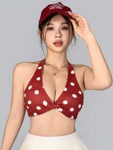 DAZY 純色掛脖扭轉前胸微聚攏女款運動內衣 - 紅色 - 查看 8