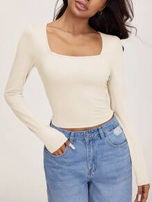 SHEIN Tall CURVE 3 قطع تي شيرت نسائي مقاس كبير بلون موحد وياقة مربعة بقصة ضيقة متعددة الاستخدامات للاستخدام اليومي بأكمام طويلة - متعدد الألوان - مشاهدة 7