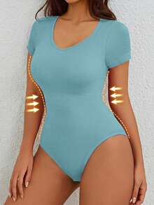 SHEIN 1件女款純色短袖塑形連身衣 - 藍色 - 查看 6