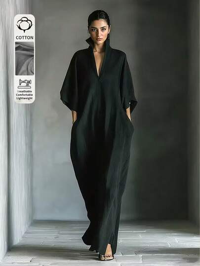 Balvessa Women's Solid Color Notch V-Neck 3/4 Sleeve Pocket Loose Casual Dress