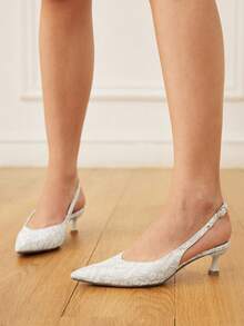 CUCCOO HITCHD Silver Lace Back Empty Shoes French Pointed Buckle Strap Stiletto Commuter Banquet High Heels - Silver - View 4