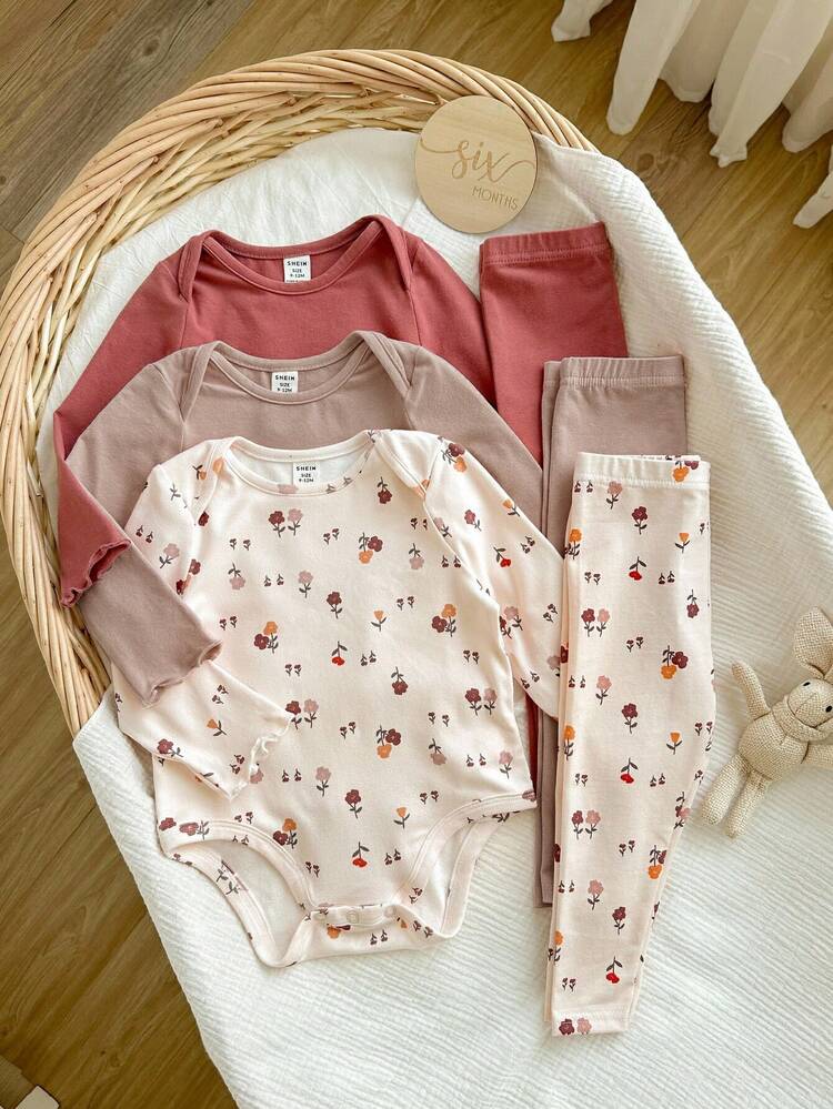 Baby Girl 3pcs Cute Casual Elastic Knit Floral Pattern Long Sleeve Bodysuits - Pink - View 7