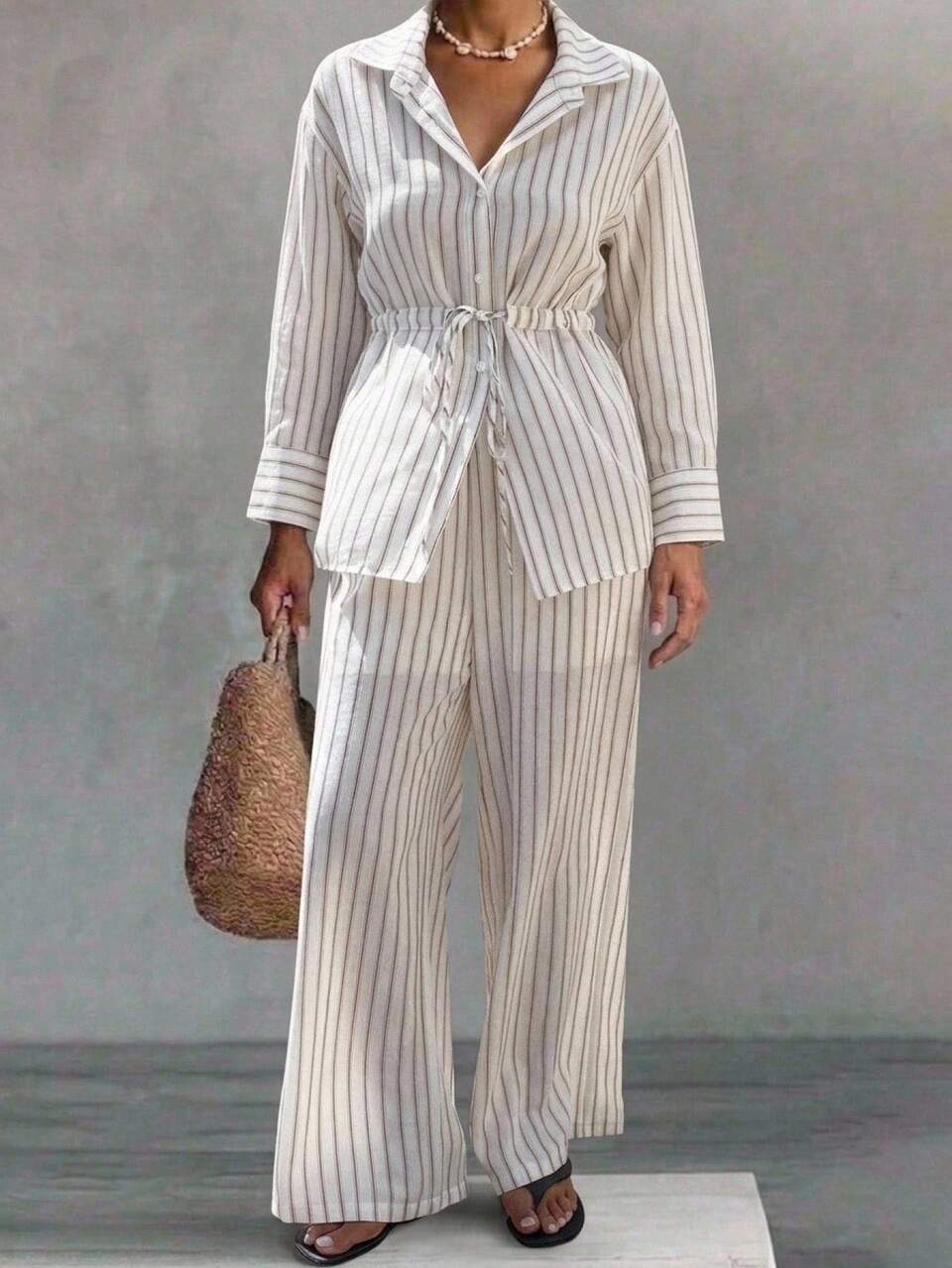 Women's 2pcs Set Striped Long Sleeve Shirt And Wide Leg Pants, Versatile Casual Outfit For Spring, Summer And Early Summer