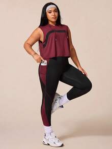 SHEIN Rhythm Era 女款運動瑜珈戶外健身運動套裝，抽繩連帽寬鬆運動衫搭配弧形拼色胸前設計，緊身運動褲搭配線條與拼色對比設計 - 酒紅色 - 查看 5