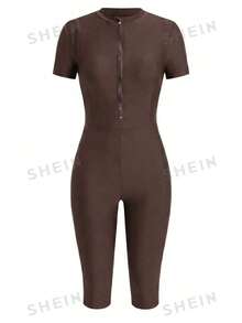 Swim Shayni 女款短袖前拉鍊連體布基尼，附網格綁帶短褲，黑色保守海灘度假泳衣，春/夏 - 鏽棕色 - 查看 8