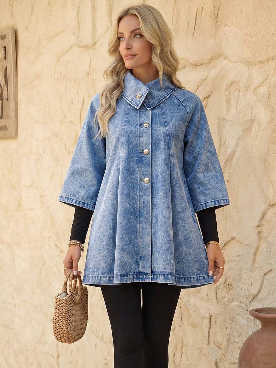 EMERY ROSE Chaqueta vaquera casual de mujer con mangas raglán y cierre de una hilera, otoño - Azul - Ver 1
