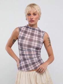 COUREZ Asymmetric Mesh Sheer Check Top Y2K 2000s Streetwear Going Out Day Time Everyday Rave Outfits Summer Grey Plaid Fall Women Back-To-School - Multicolor - View 4