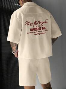 SLATEMANN Men's Embroidered Single-Breasted Short Sleeve Shirt And Pocket Drawstring Waist Shorts Set - Khaki - View 4