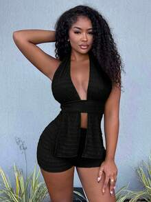 Alexandranx Women's Fashion Vacation Halter Top & Shorts 2 Pieces Set No Chest Padding Black - Black - View 3