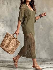 Linhara CURVE Plus Size Women's Solid Color Hollow Out Dress And Cardigan Casual Daily Set Fall - Olive Green - View 1