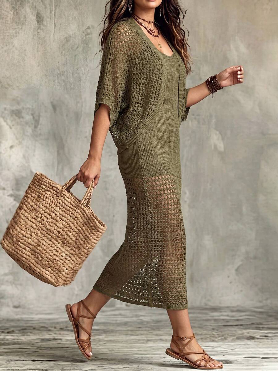 Linhara CURVE Plus Size Women's Solid Color Hollow Out Dress And Cardigan Casual Daily Set Fall - Olive Green - View 1