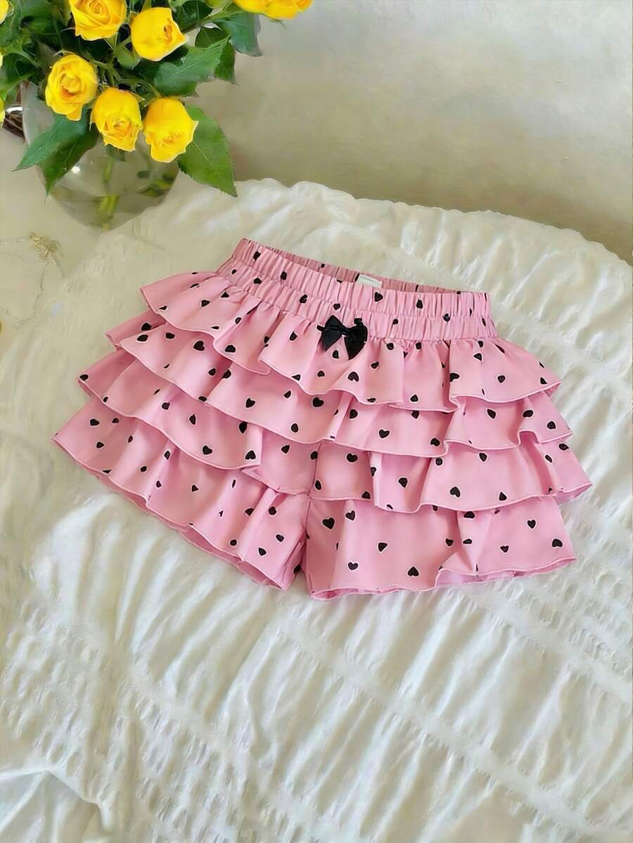 SHEIN MOD 心形印花多层蛋糕设计女士蝴蝶结装饰时尚短裤,休闲女装,嘉年华服装,情人节,派对,带蝴蝶结短裤,粉色荷叶边短裤 - 粉色 - 查看 1