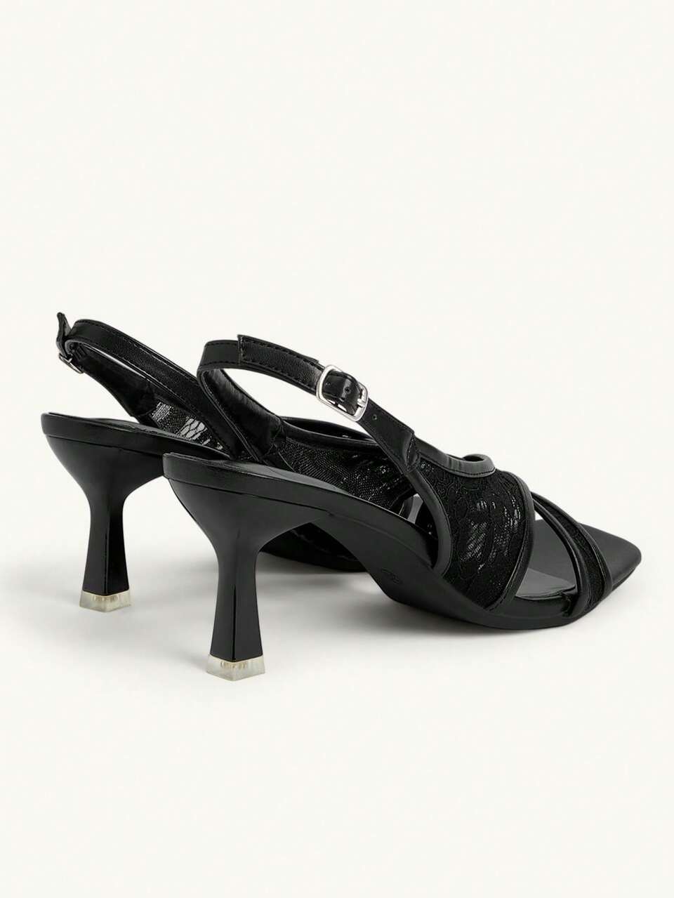 CUCCOO CHICEST Black Lace Splicing Square Toe High-Heeled Sandals Fairy, Fairy Mesh Slingback Thin Heel Versatile Commuter Shoes