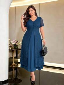 Modelyn Gaun Minimalis Warna Polos Jala Jacquard Leher V Lengan Pendek 2 in 1 Pinggang Ramping Musim Semi/Panas Ukuran Besar - Teal Blue - View 1