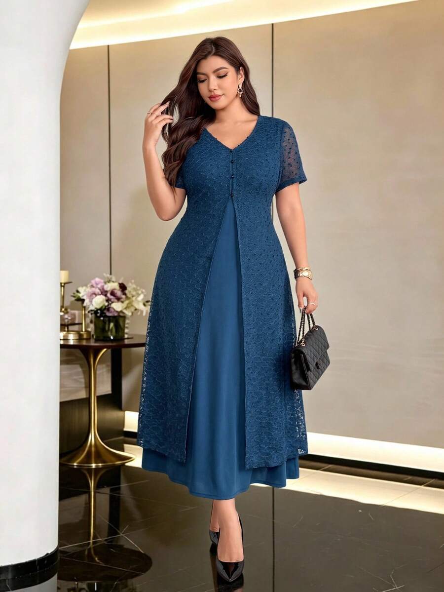 Modelyn Gaun Minimalis Warna Polos Jala Jacquard Leher V Lengan Pendek 2 in 1 Pinggang Ramping Musim Semi/Panas Ukuran Besar - Teal Blue - View 1