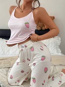 Napfluff Cute Strawberry Print Camisole & Wide Leg Pants Pajama Set For Women - Multicolor - View 5