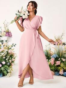 Allurite Plus Size Romantic Elegant Wedding Solid Color Cross V-Neck Tie Side Ruffle Sleeve Dress - Pink - View 7