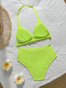 SHEIN 女童兩件式比基尼套裝，螢光綠抓皺紋理布料掛脖上衣，中腰三角泳褲，低彈性親膚海灘度假泳裝，時尚休閒精緻，適合游泳、夏季假期、海灘、海邊、泳池、夏季度假派對、休閒度假 - 黃色 - 查看 2