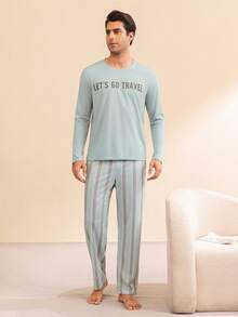 Manfinity Underwear&Sleepwear Basics 男士字母印花長袖上衣與長褲休閒居家服套裝 - 薄荷綠 - 查看 1