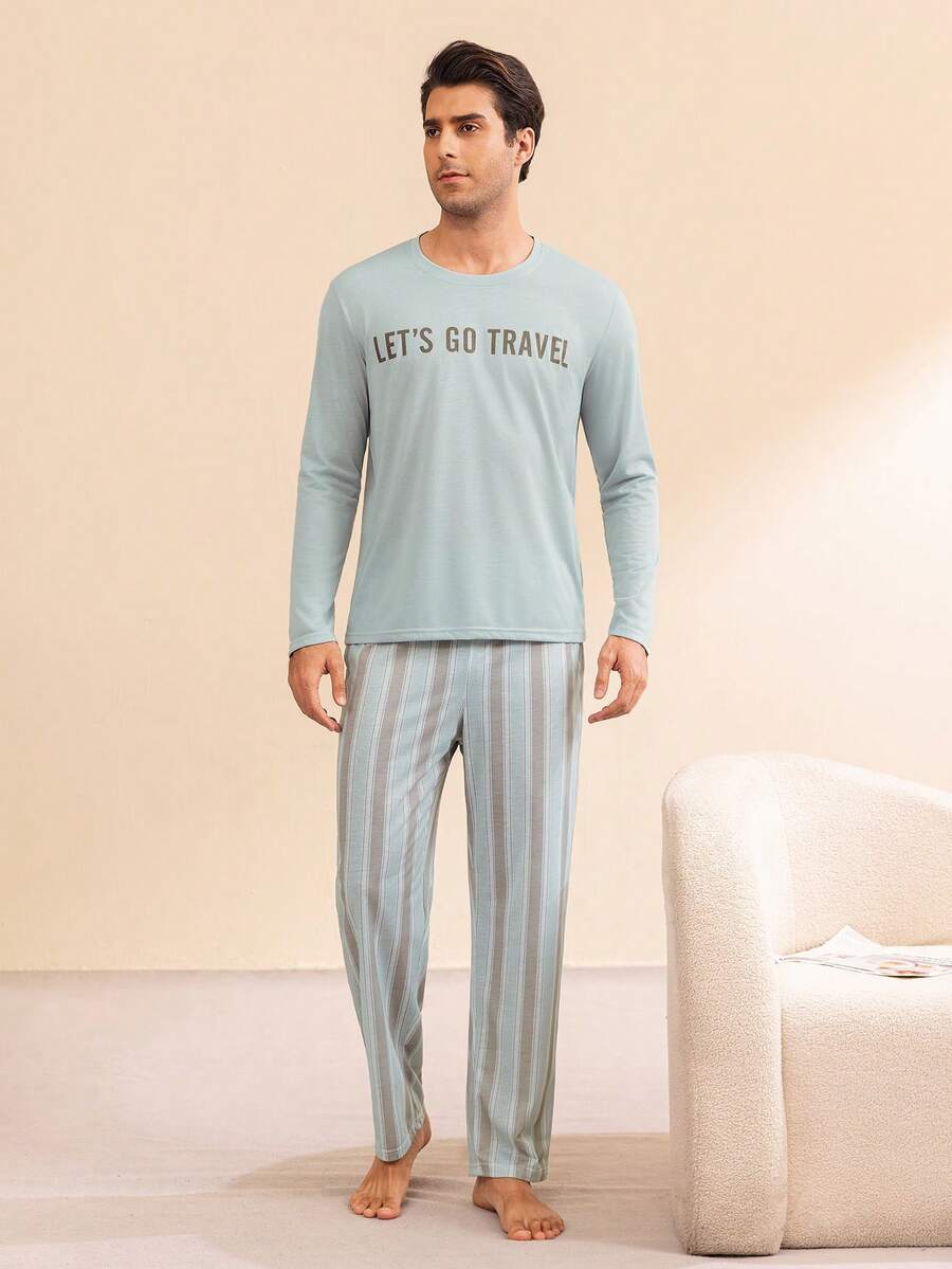Manfinity Underwear&Sleepwear Basics 男士字母印花長袖上衣與長褲休閒居家服套裝 - 薄荷綠 - 查看 1