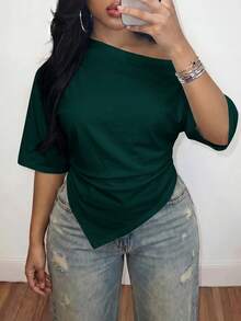 Slaydiva 2026 Spring/Summer Women's Plus Size Solid Color Asymmetric T-Shirt - Dark Green - View 6