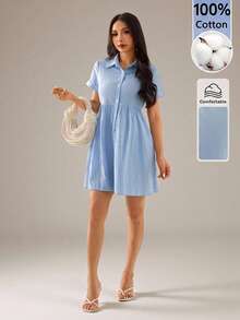 SHEIN PETITE 女款休閒舒適純色單排扣短洋裝，鈕扣開襟襯衫洋裝，度假風/波希米亞風，商務休閒，適合嬌小女性 - 藍色 - 查看 2