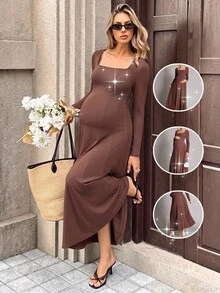 SHEIN Maternity Solid Color Square Neck Long Sleeve Elegant Dress Photoshoot Business Casual Outfit Daily Commute Old Money Style Work Brown Autumn Fall - Coffee Brown - View 9