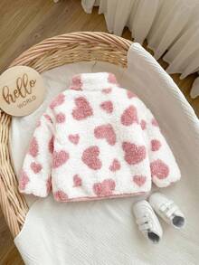 SHEIN Babygirl Cute Autumn/Winter Heart Pattern Fluffy Stand Collar Jacket - Pink - View 2