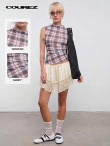 COUREZ Asymmetric Mesh Sheer Check Top Y2K 2000s Streetwear Going Out Day Time Everyday Rave Outfits Summer Grey Plaid Fall Women Back-To-School - Multicolor - View 11