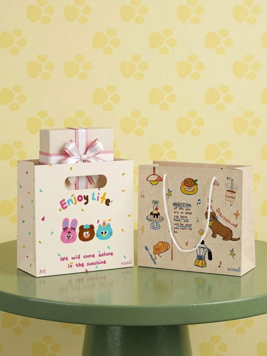 Joivida Cute Cartoon Animal Portable Gift Paper Tote Bags, Lovely Rabbit Bear Cat Print Handheld Packaging Bag With Colorful Confetti Dot, Enjoy Life Letter Print Storage Bag For Birthday Party Favors, Wedding, Graduation, Holiday Gift Wrap - View 1