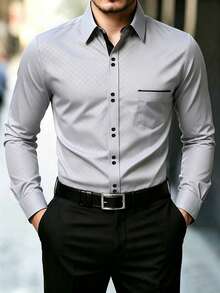 Manfinity Mode Men's Plaid Business Travel Single-Breasted Long Sleeve Shirt - Light Grey - View 1